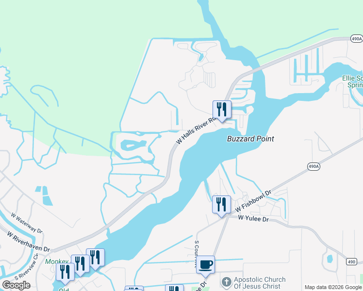 map of restaurants, bars, coffee shops, grocery stores, and more near 10576 West Halls River Road in Homosassa
