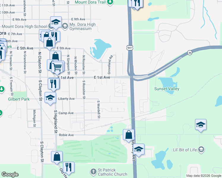 map of restaurants, bars, coffee shops, grocery stores, and more near 1550 Plymouth Avenue in Mount Dora