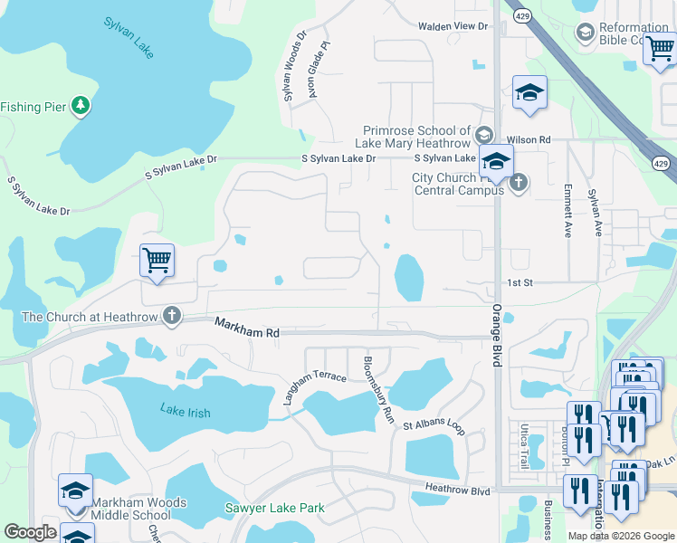 map of restaurants, bars, coffee shops, grocery stores, and more near 6230 Bordeaux Circle in Sanford