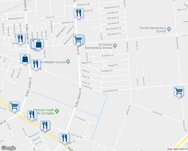 map of restaurants, bars, coffee shops, grocery stores, and more near 3107 Linda Drive in Victoria