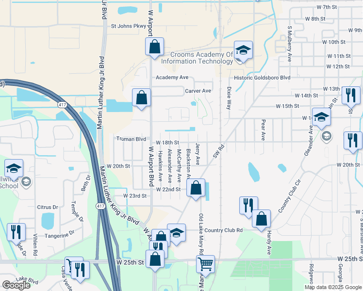 map of restaurants, bars, coffee shops, grocery stores, and more near 1803 McCarthy Avenue in Sanford