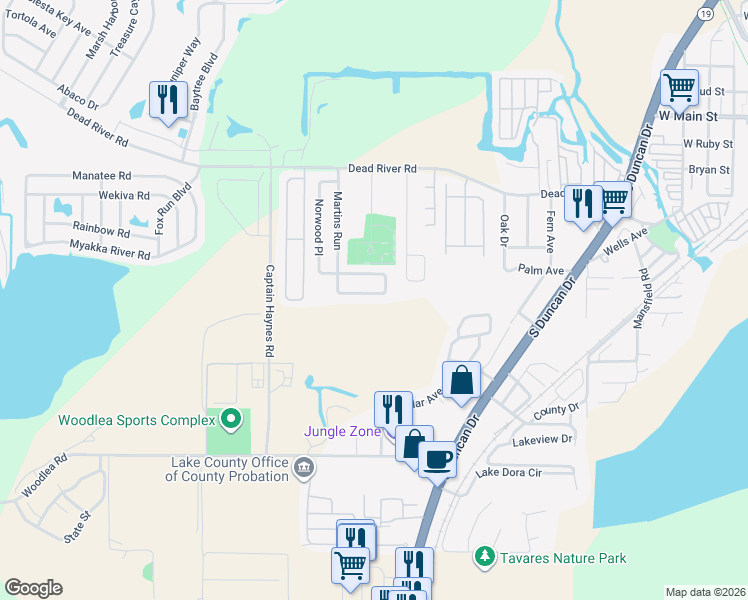 map of restaurants, bars, coffee shops, grocery stores, and more near 2439 Martins Run in Tavares