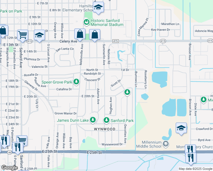map of restaurants, bars, coffee shops, grocery stores, and more near 1907 South Summerlin Avenue in Sanford