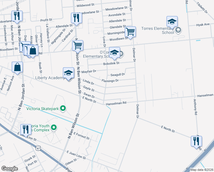 map of restaurants, bars, coffee shops, grocery stores, and more near 3302 Linda Drive in Victoria