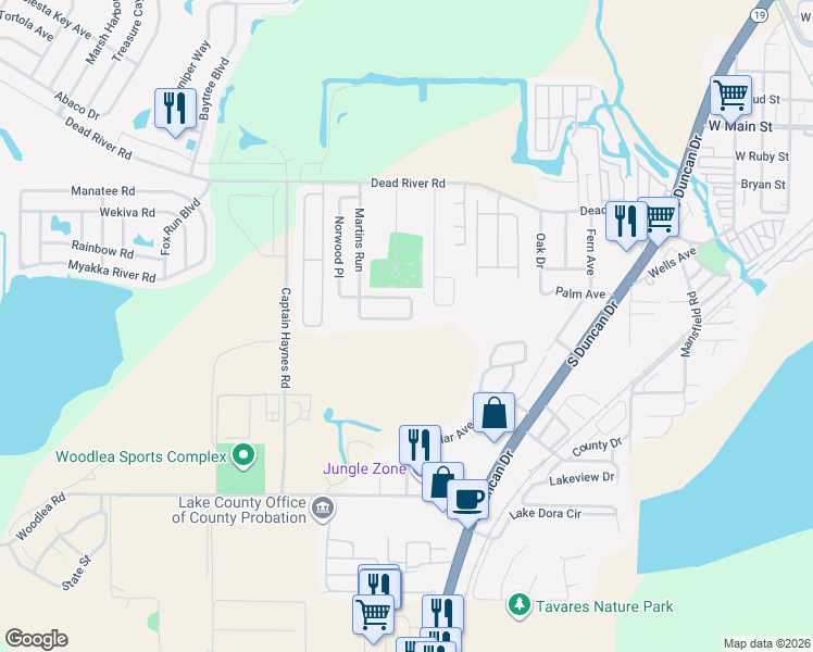 map of restaurants, bars, coffee shops, grocery stores, and more near 2439 Martins Run in Tavares