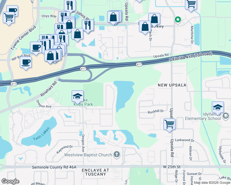 map of restaurants, bars, coffee shops, grocery stores, and more near 1502 Travertine Terrace in Sanford