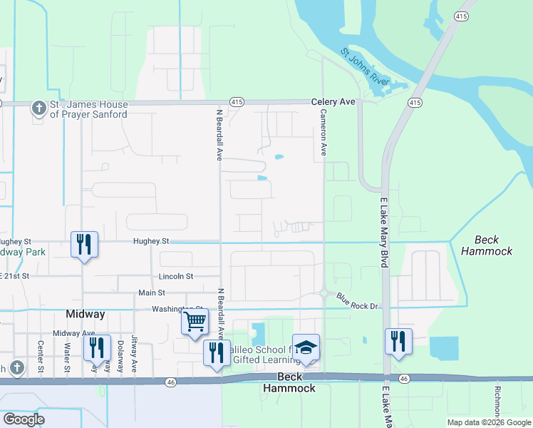 map of restaurants, bars, coffee shops, grocery stores, and more near 1905 Chautauqua Lane in Sanford