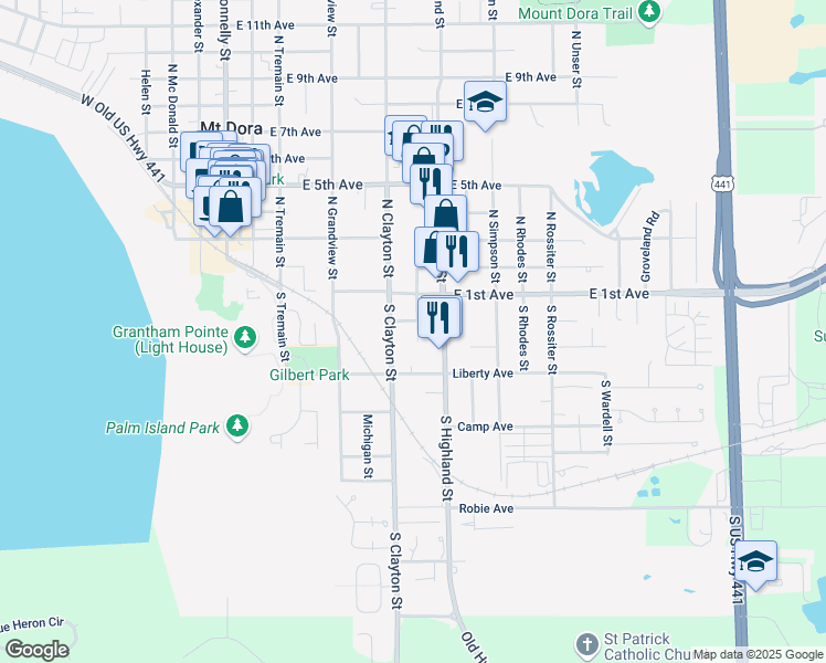 map of restaurants, bars, coffee shops, grocery stores, and more near 221 South Johns Street in Mount Dora