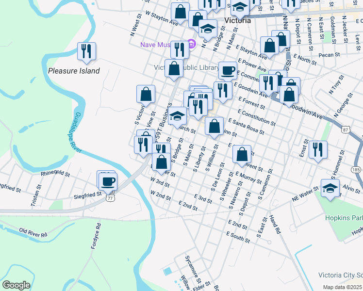 map of restaurants, bars, coffee shops, grocery stores, and more near 506 South Bridge Street in Victoria
