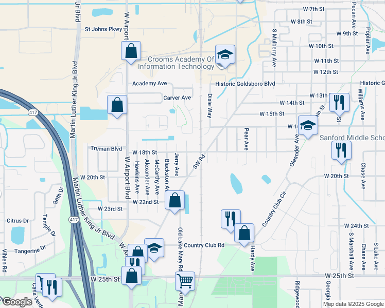 map of restaurants, bars, coffee shops, grocery stores, and more near 2471 West 18th Street in Sanford