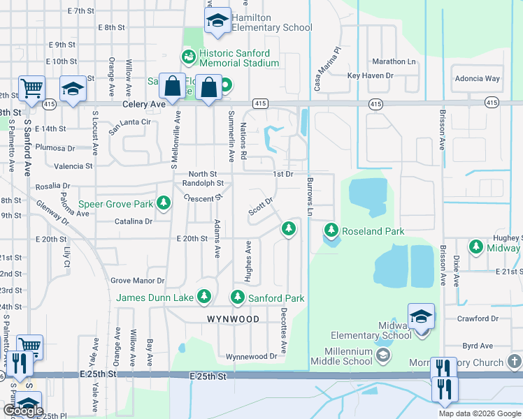 map of restaurants, bars, coffee shops, grocery stores, and more near 115 Scott Drive in Sanford