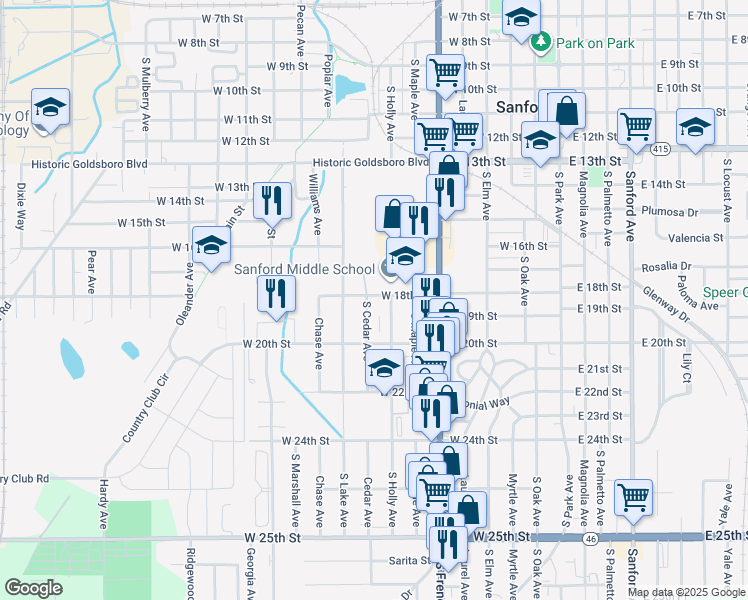 map of restaurants, bars, coffee shops, grocery stores, and more near 1801 South Cedar Avenue in Sanford
