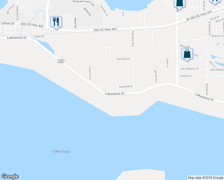 map of restaurants, bars, coffee shops, grocery stores, and more near 32560 Lakeshore Drive in Tavares
