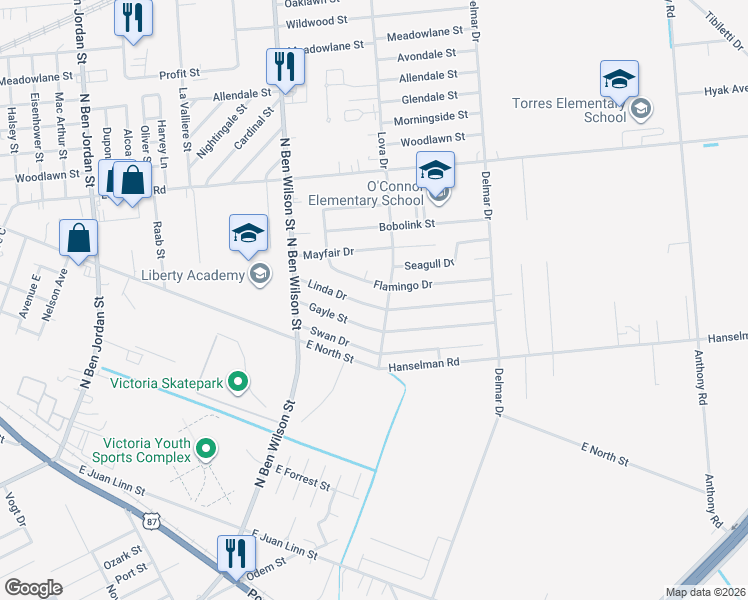 map of restaurants, bars, coffee shops, grocery stores, and more near 3107 Linda Drive in Victoria