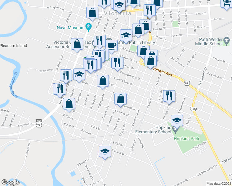 map of restaurants, bars, coffee shops, grocery stores, and more near 404 East Church Street in Victoria