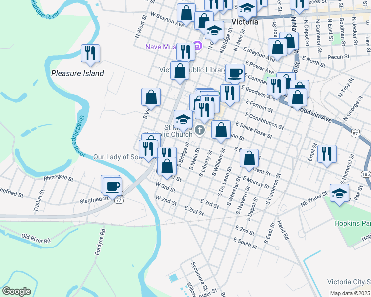 map of restaurants, bars, coffee shops, grocery stores, and more near 506 South Bridge Street in Victoria