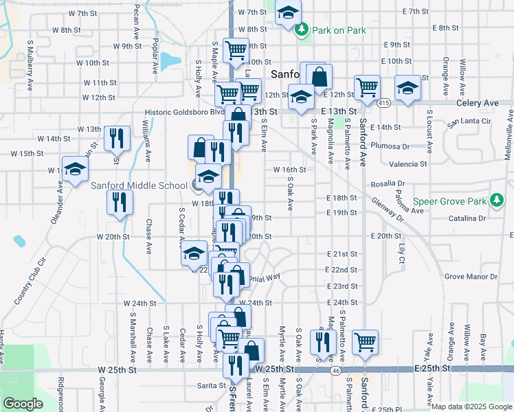 map of restaurants, bars, coffee shops, grocery stores, and more near 405 West 18th Street in Sanford