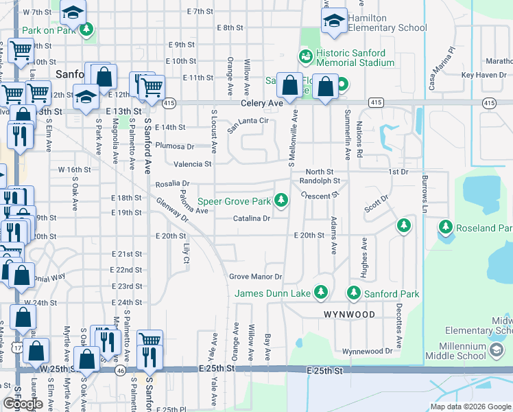 map of restaurants, bars, coffee shops, grocery stores, and more near 821 Escambia Drive in Sanford