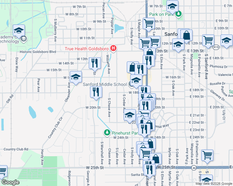 map of restaurants, bars, coffee shops, grocery stores, and more near 1800 William Clark Avenue in Sanford