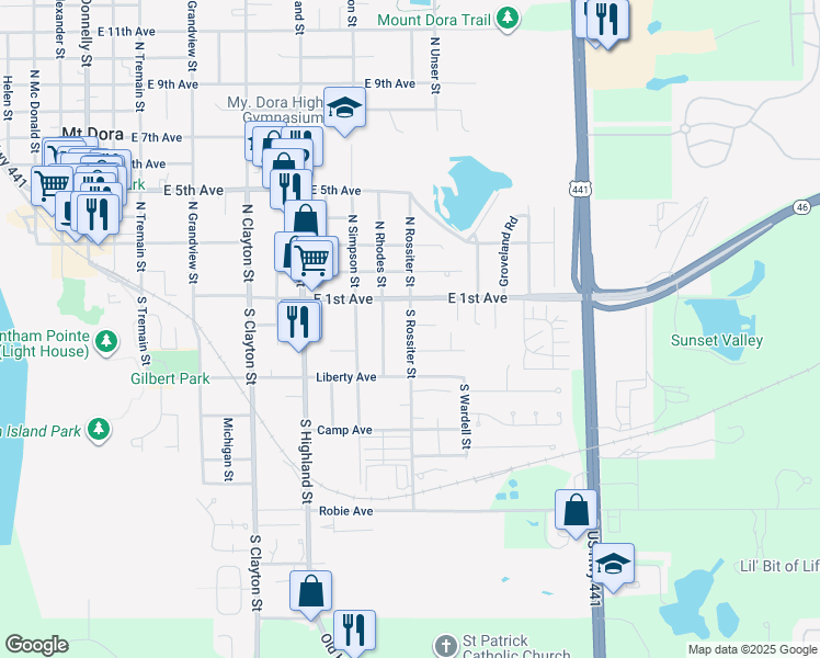 map of restaurants, bars, coffee shops, grocery stores, and more near 1302 Stowe Avenue in Mount Dora