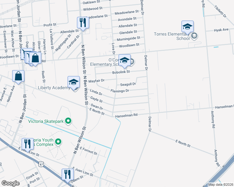 map of restaurants, bars, coffee shops, grocery stores, and more near 3302 Linda Drive in Victoria
