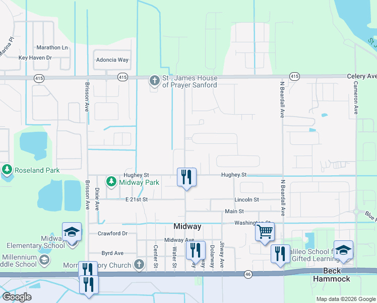 map of restaurants, bars, coffee shops, grocery stores, and more near 1901 Sipes Avenue in Sanford