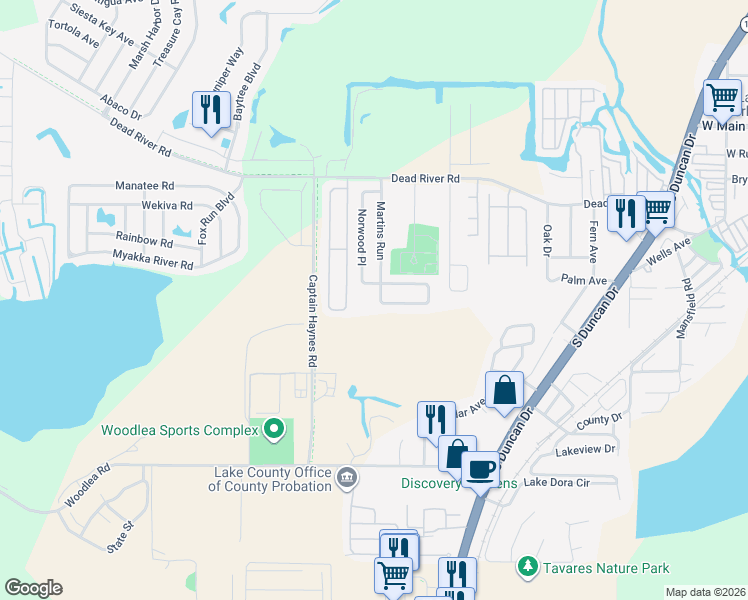 map of restaurants, bars, coffee shops, grocery stores, and more near 2383 Martins Run in Tavares