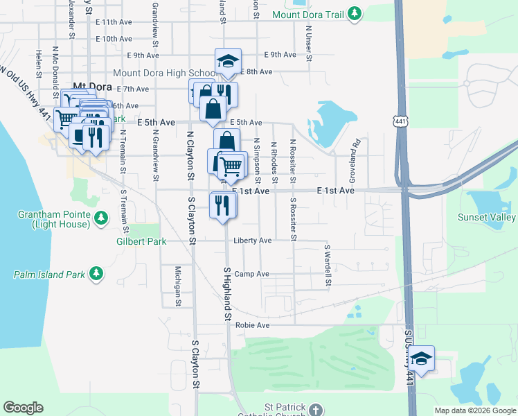 map of restaurants, bars, coffee shops, grocery stores, and more near 1021 Sun Country Court in Mount Dora