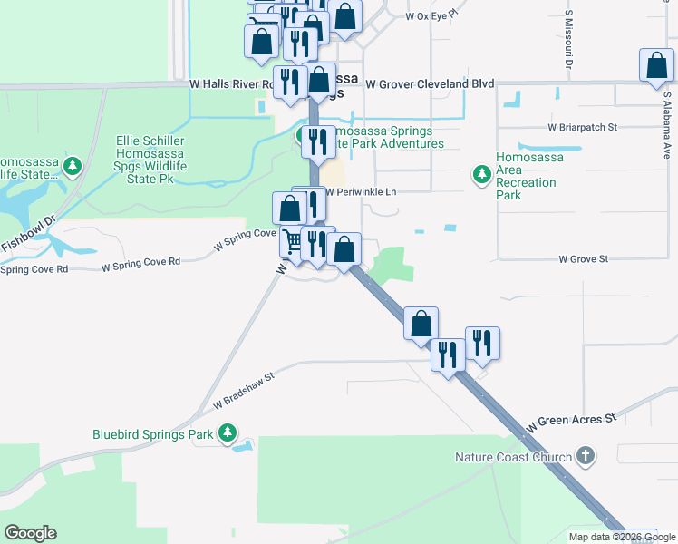 map of restaurants, bars, coffee shops, grocery stores, and more near 4556 South Suncoast Boulevard in Homosassa
