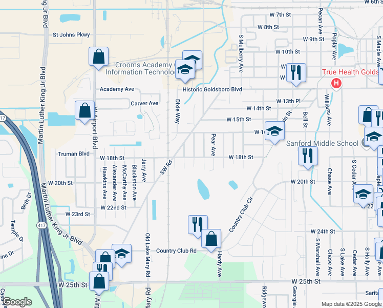map of restaurants, bars, coffee shops, grocery stores, and more near 1718 Roosevelt Avenue in Sanford