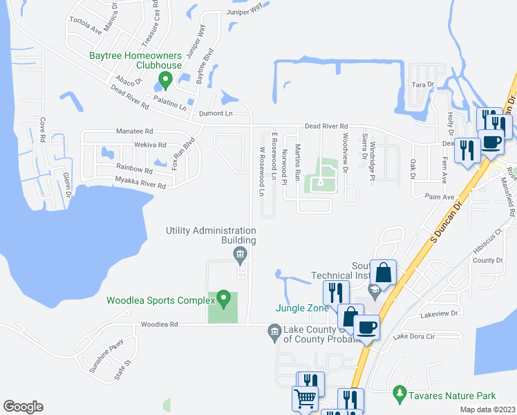 map of restaurants, bars, coffee shops, grocery stores, and more near 819 West Rosewood Lane in Tavares