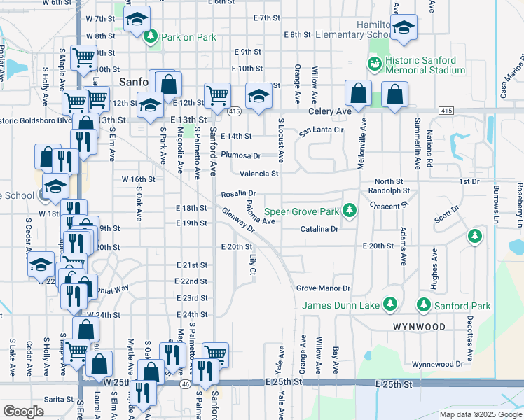 map of restaurants, bars, coffee shops, grocery stores, and more near 1806 Madera Avenue in Sanford