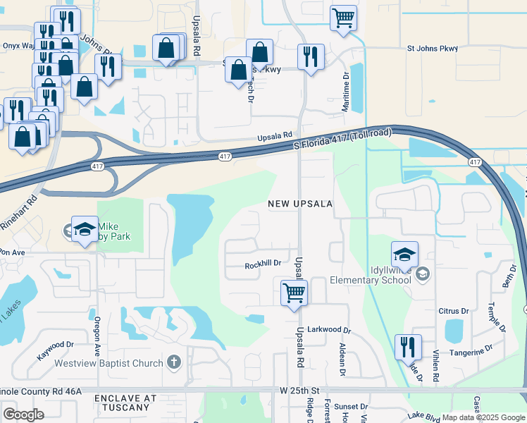 map of restaurants, bars, coffee shops, grocery stores, and more near 117 Sophia Marie Cove in Sanford