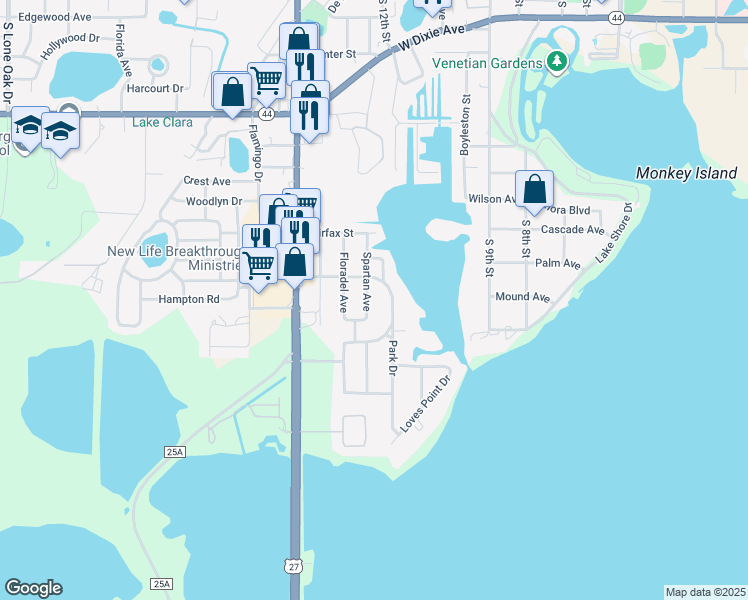 map of restaurants, bars, coffee shops, grocery stores, and more near 1410 Spartan Avenue in Leesburg