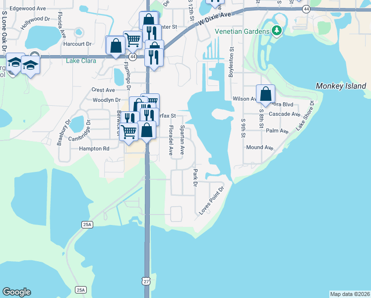 map of restaurants, bars, coffee shops, grocery stores, and more near 1505 Spartan Avenue in Leesburg