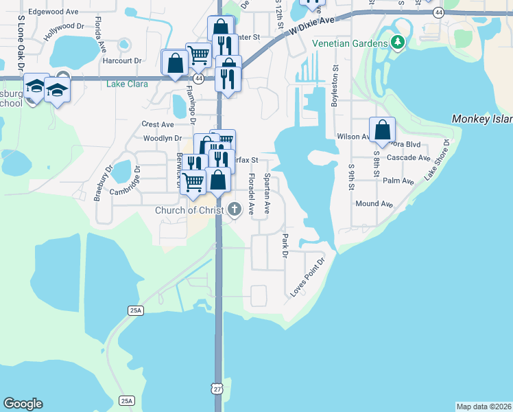 map of restaurants, bars, coffee shops, grocery stores, and more near 1505 Spartan Avenue in Leesburg