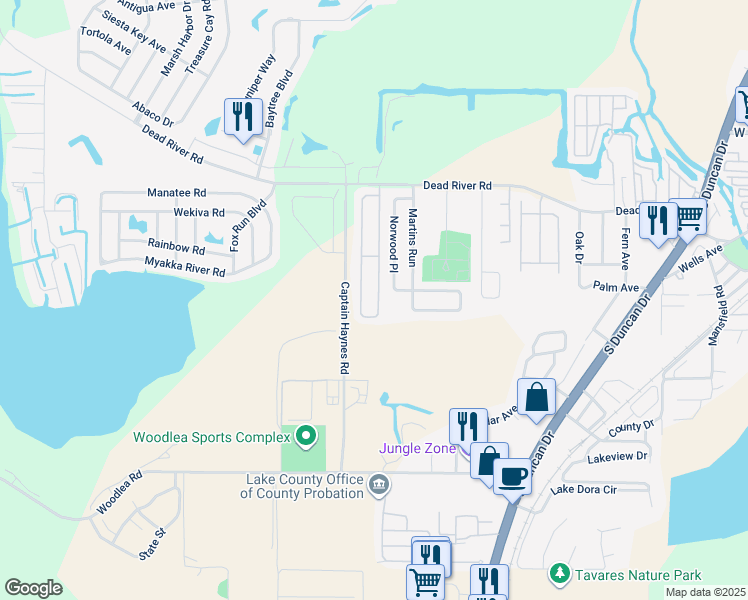 map of restaurants, bars, coffee shops, grocery stores, and more near 777 East Rosewood Lane in Tavares