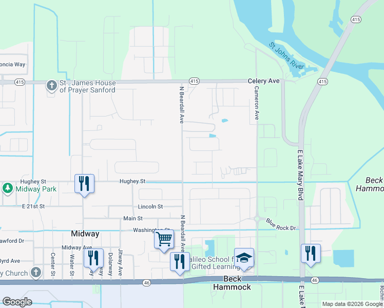 map of restaurants, bars, coffee shops, grocery stores, and more near 1701-1999 Beardall Avenue in Sanford