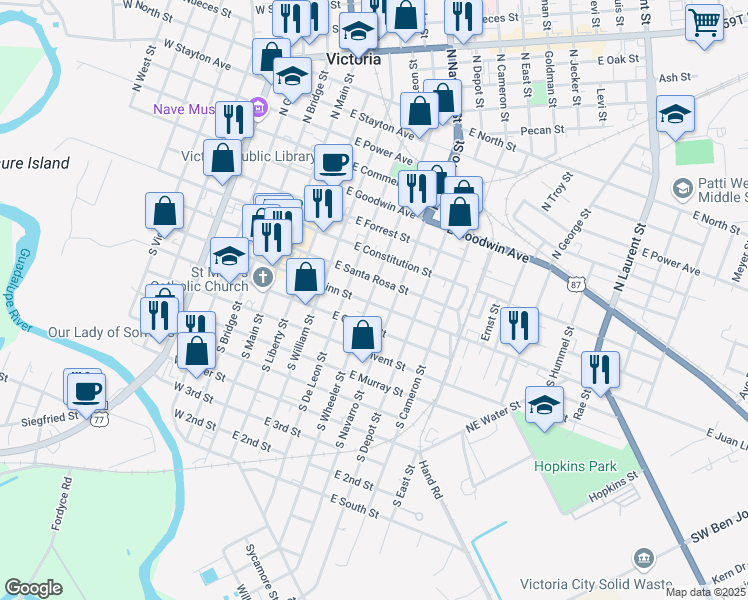map of restaurants, bars, coffee shops, grocery stores, and more near 502 East Juan Linn Street in Victoria