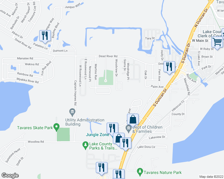 map of restaurants, bars, coffee shops, grocery stores, and more near 718 Woodview Drive in Tavares
