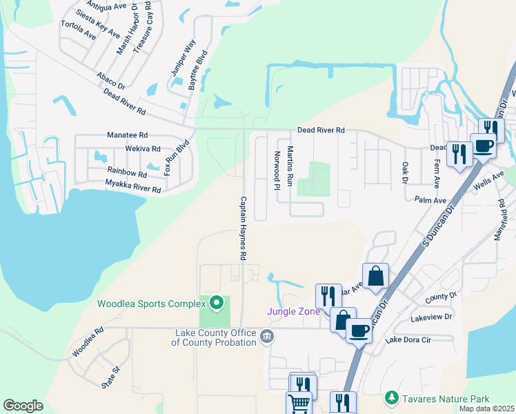 map of restaurants, bars, coffee shops, grocery stores, and more near 717 West Rosewood Lane in Tavares