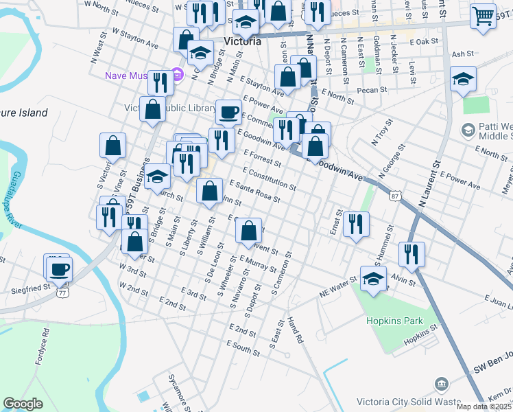 map of restaurants, bars, coffee shops, grocery stores, and more near 502 East Juan Linn Street in Victoria