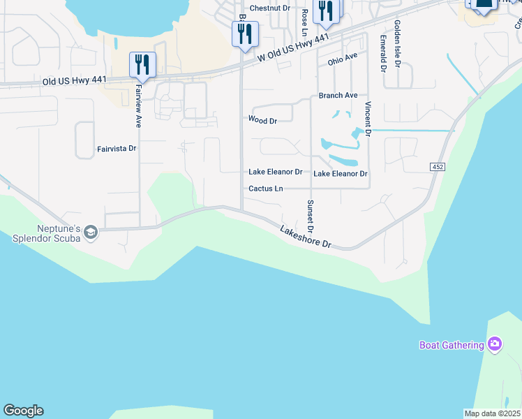 map of restaurants, bars, coffee shops, grocery stores, and more near 4097 Lakeshore Drive in Mount Dora