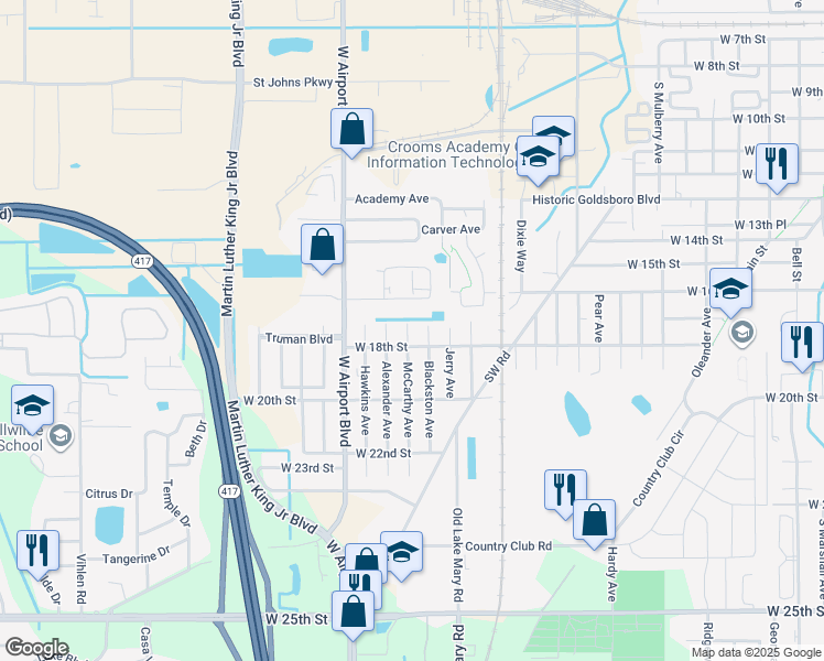 map of restaurants, bars, coffee shops, grocery stores, and more near 111 Commerce Way in Sanford
