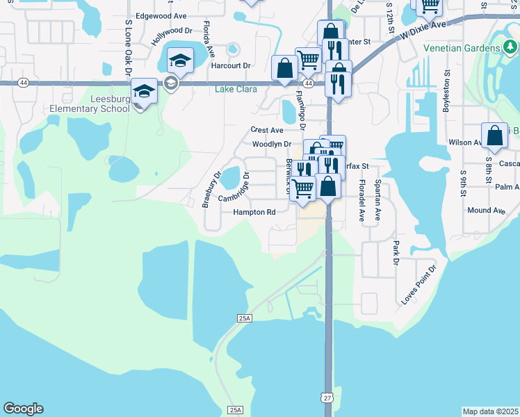 map of restaurants, bars, coffee shops, grocery stores, and more near 1600 Hampton Road in Leesburg