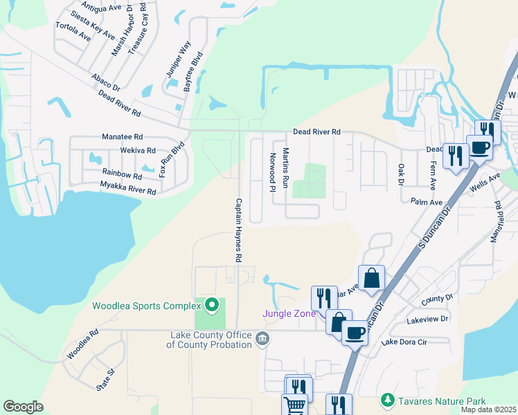 map of restaurants, bars, coffee shops, grocery stores, and more near 626 East Rosewood Lane in Tavares