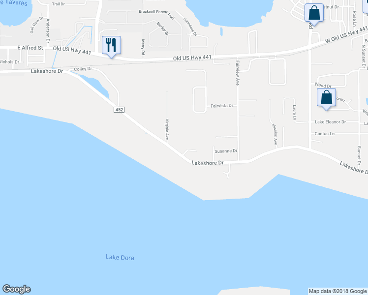 map of restaurants, bars, coffee shops, grocery stores, and more near 32726 Lakeshore Drive in Tavares