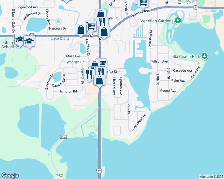 map of restaurants, bars, coffee shops, grocery stores, and more near 1405 Floradel Avenue in Leesburg