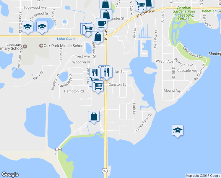 map of restaurants, bars, coffee shops, grocery stores, and more near 1407 Mariva Avenue in Leesburg