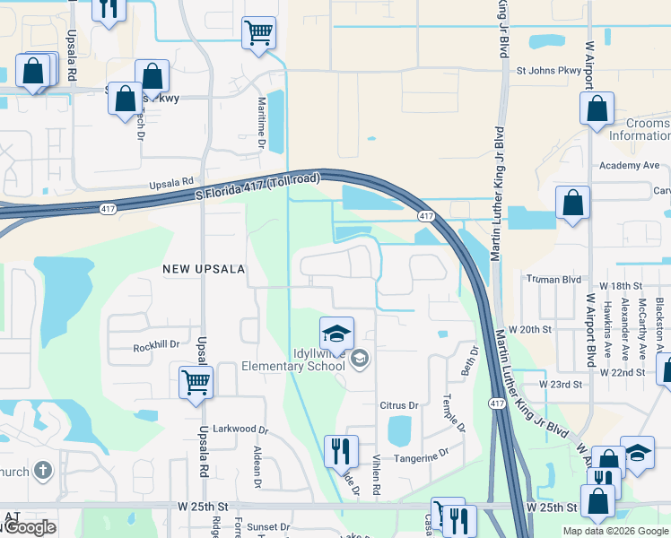 map of restaurants, bars, coffee shops, grocery stores, and more near 260 Porchester Drive in Sanford